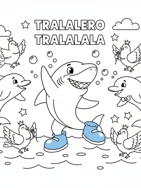 Tralalero Tralala con zapatos azules bailando con delfines y palomas en un dibujo para colorear infantil