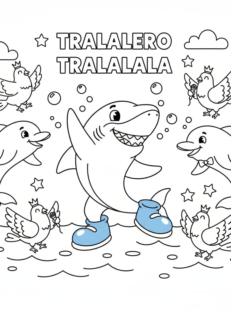 Tralalero Tralala shark with blue shoes dancing with dolphins and pigeons minimalist coloring page