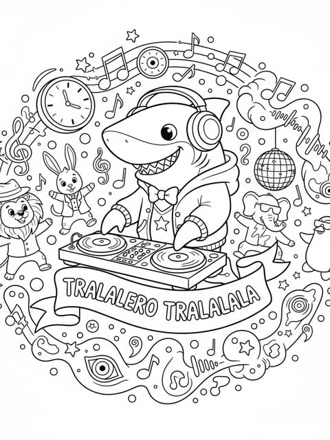 Tralalero Tralala como DJ con audífonos, animales bailando y notas musicales para colorear