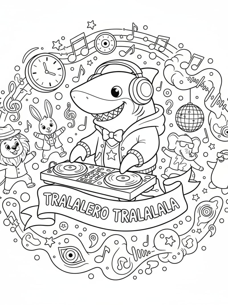 Tralalero Tralala shark DJ with headphones dancing animals music notes surreal decorations coloring page