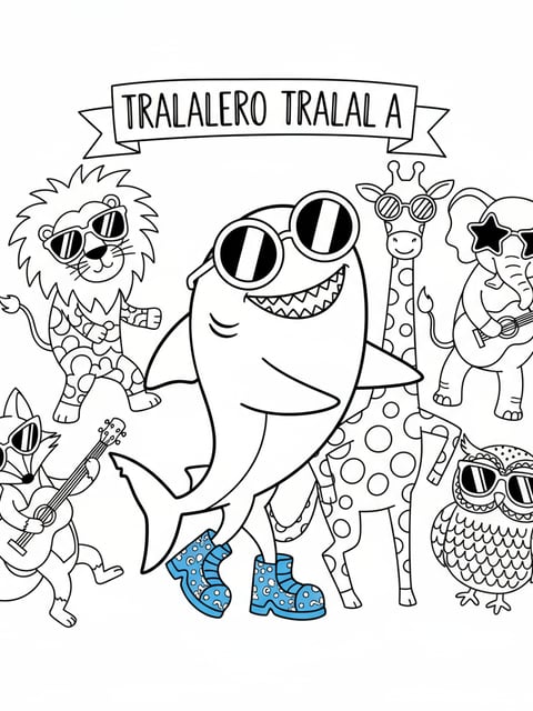 Tralalero Tralala y animales divertidos con gafas de sol en una lámina para colorear