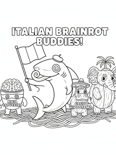 Tralalero Tralala con Ninja Cappuccino, Cacto Hipopotamo y Cocofanto Elefanto en una página de brainrot italiano para colorear