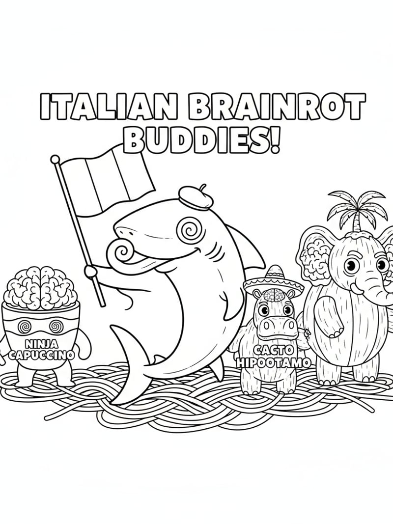 Tralalero Tralala shark with Ninja Cappuccino Cacto Hipopotamo Cocofanto Elefanto Italian Brainrot characters coloring page