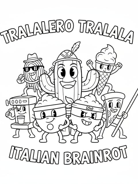 Tralalero Tralala con Cacto Hipopotamo y Ninja Cappuccino en pose de equipo brainrot italiano para colorear