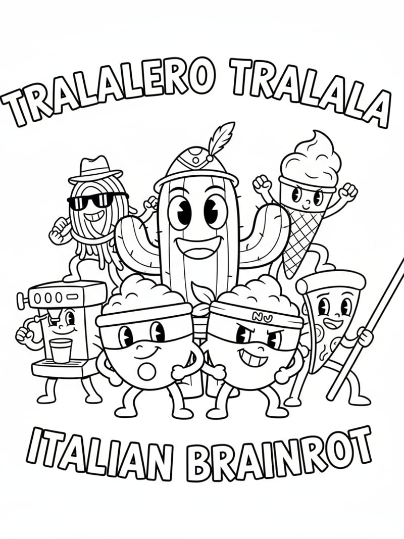 Tralalero Tralala with Cacto Hipopotamo Ninja Cappuccino Italian Brainrot all characters team pose coloring page