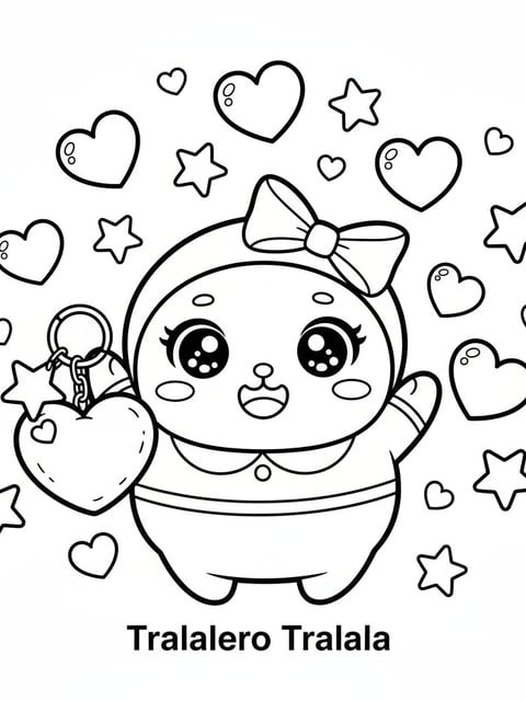 Versión kawaii de Tralalero Tralala con ojos grandes, llavero, corazones y estrellas para colorear