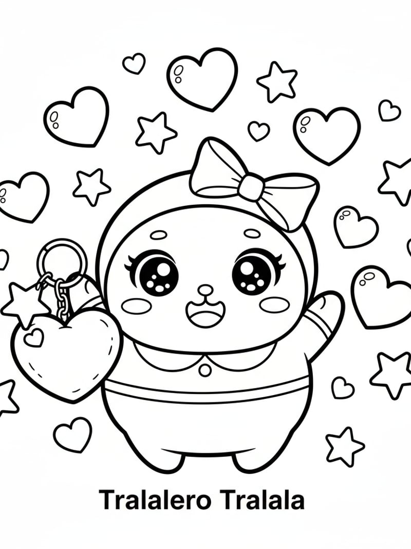 Kawaii Tralalero Tralala with big eyes keychain hearts and stars cute coloring page