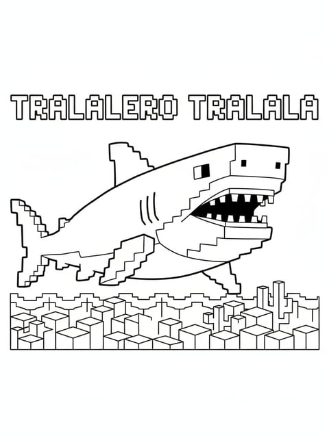 Tralalero Tralala en estilo Minecraft pixel art con formas de bloques en un dibujo para colorear