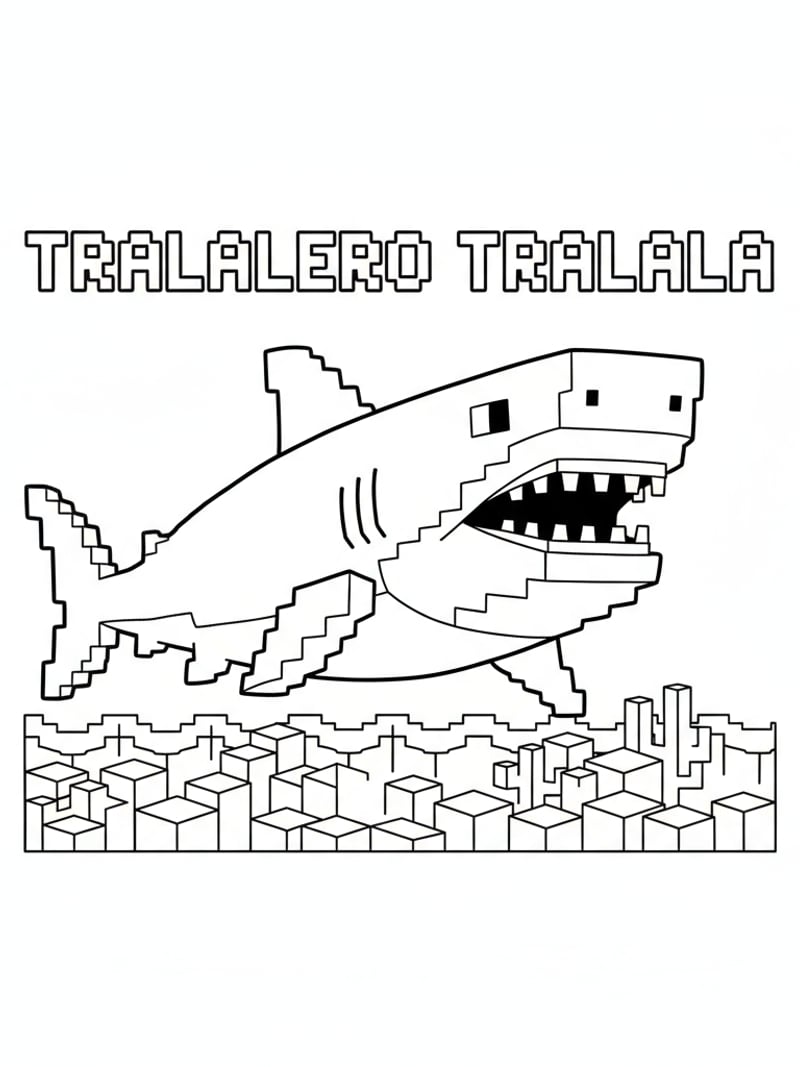 Tralalero Tralala shark Minecraft pixel art style blocky shapes simple lines coloring page