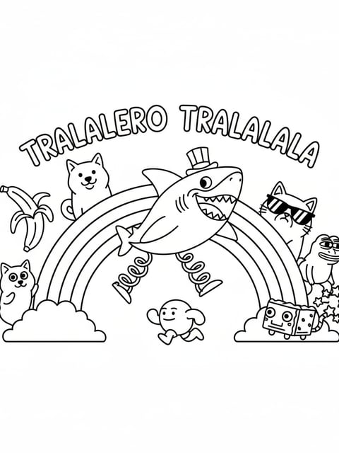 Tralalero Tralala saltando frente a un arcoíris con iconos virales en un dibujo meme para colorear