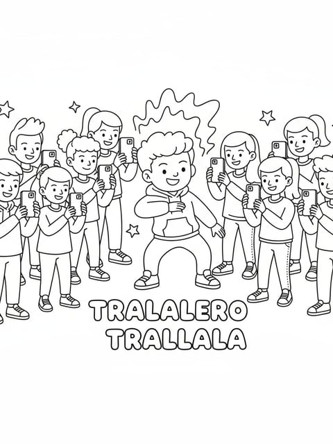 Tralalero Tralala haciendo un baile viral de TikTok mientras lo graban con teléfonos para colorear