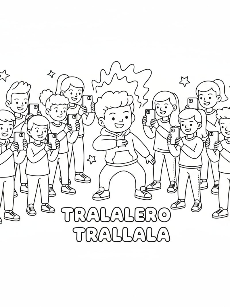 Tralalero Tralala performing viral TikTok dance with people filming on phones challenge coloring page