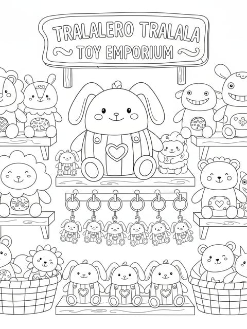Peluches y llaveros de Tralalero Tralala en un escaparate de juguetes en una página para colorear