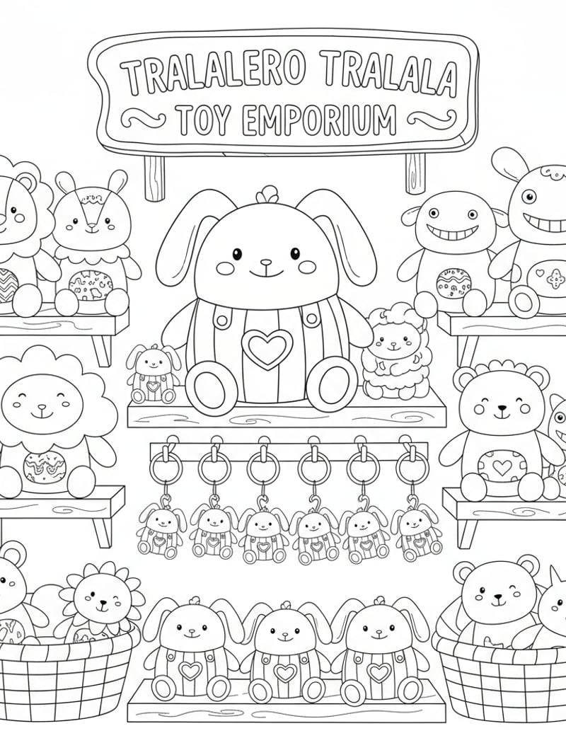 Tralalero Tralala plush keychain and toys arranged in toy shop display simple outlines coloring page