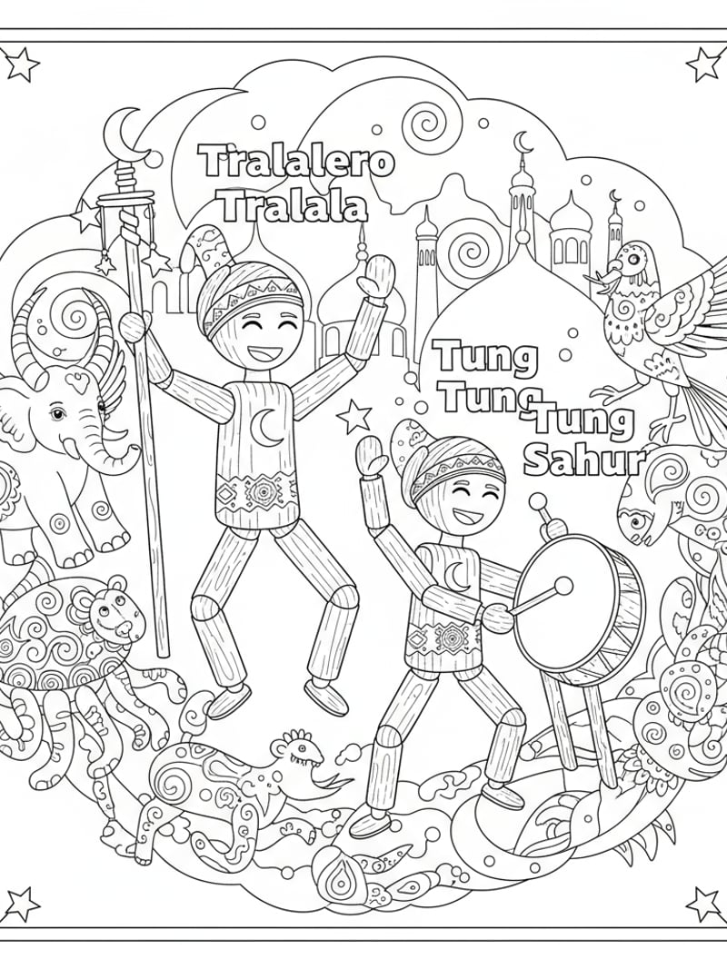Tralalero Tralala and Tung Tung Sahur wooden stick figures Ramadan celebration with AI animals coloring page