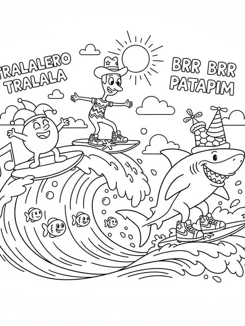 Tralalero Tralala y Brr Brr Patapim surfeando una ola gigante con zapatillas Nike en una página para colorear