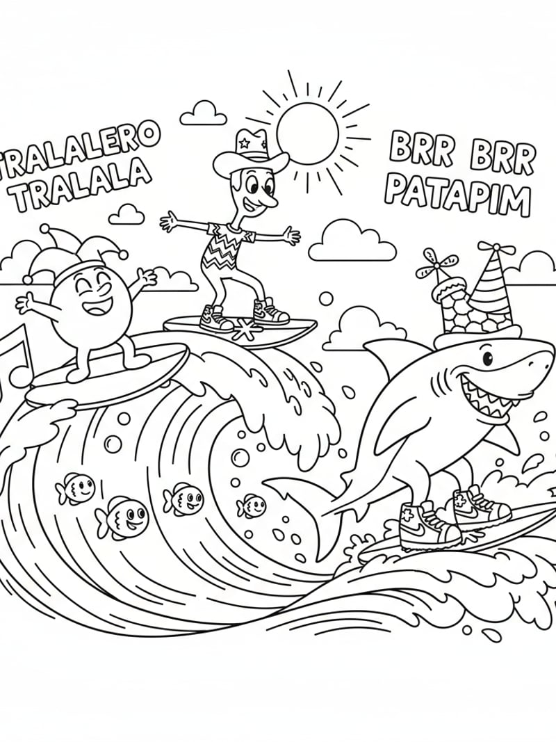 Tralalero Tralala and Brr Brr Patapim riding giant wave Nike shoes funny hats playful surfing coloring page