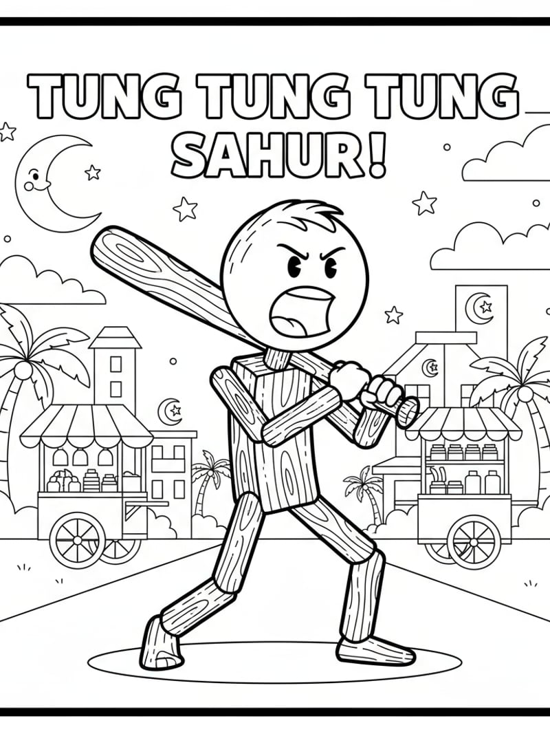 Tung Tung Tung Sahur stickman with baseball bat shouting in Indonesian street at night coloring page