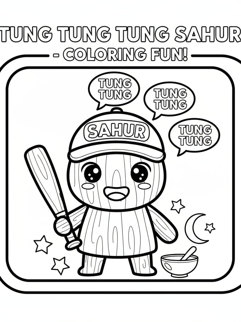 Tung Tung Tung Sahur plush toy and action figures simple outlines cute children coloring page