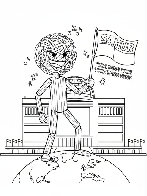 Tung Tung Tung Sahur stickman with Sahur flag at United Nations meme cultural mashup coloring page