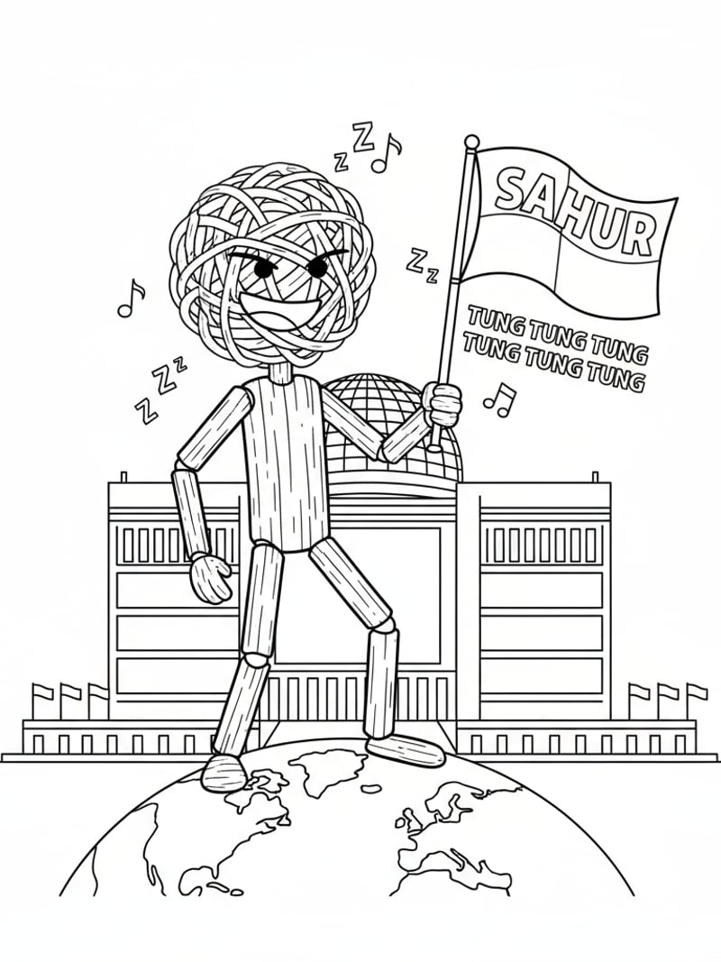 Tung Tung Tung Sahur stickman with Sahur flag at United Nations meme cultural mashup coloring page