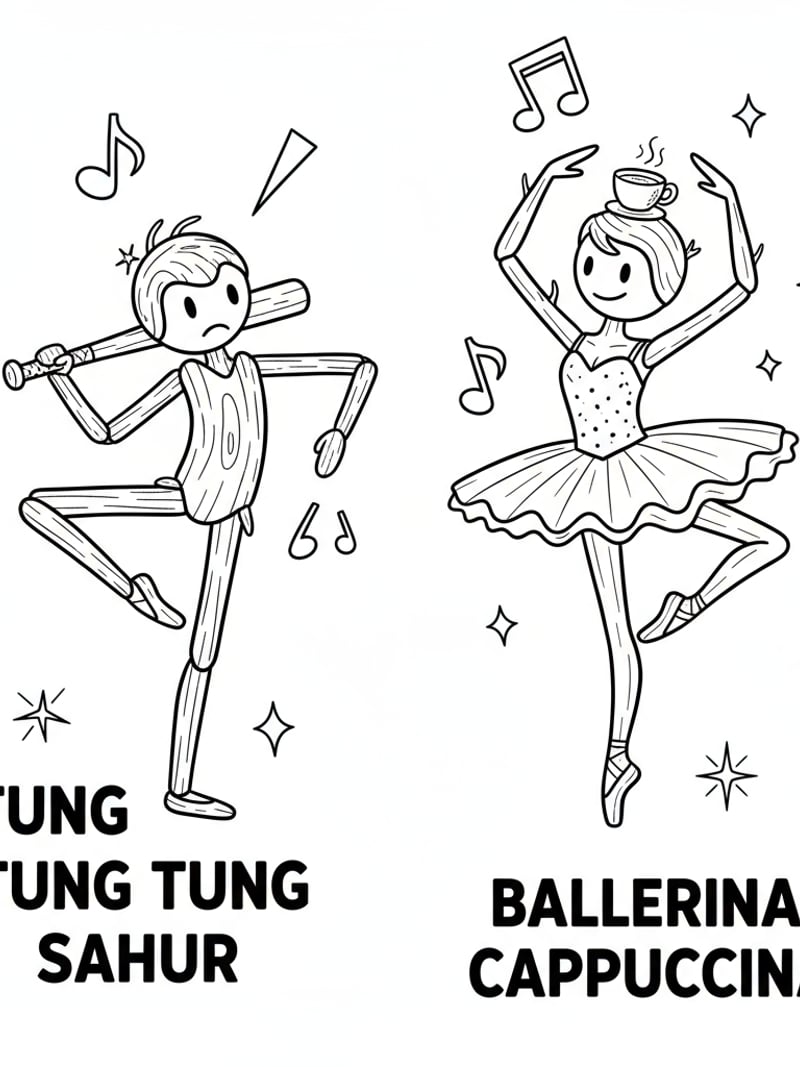 Tung Tung Tung Sahur and Ballerina Cappuccina stickman dancing ballet absurd meme crossover coloring page