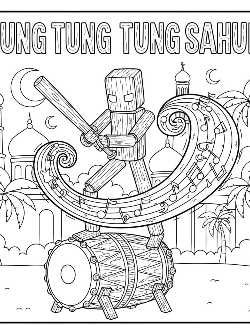 Tung Tung Tung Sahur performing Sahur ritual with magical sound waves fantasy coloring page