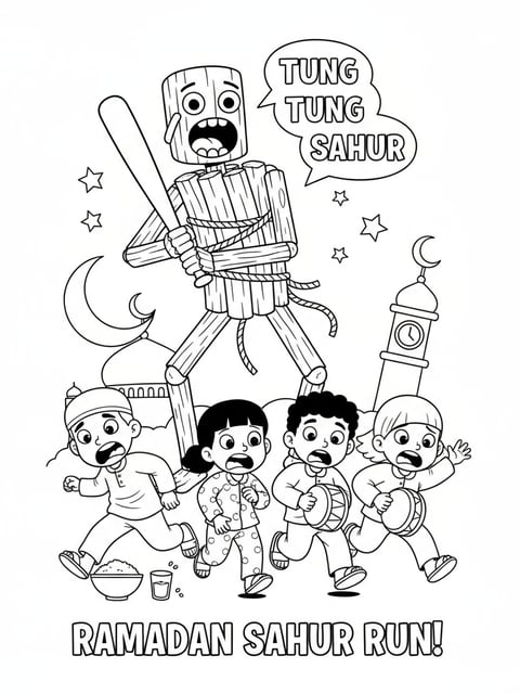 Kids in pajamas running from Tung Tung Tung Sahur monster during Sahur Ramadan humor coloring page