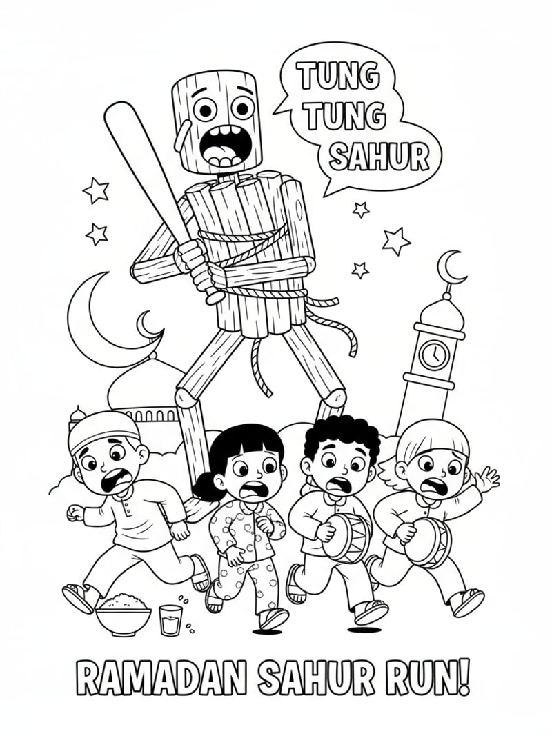 Kids in pajamas running from Tung Tung Tung Sahur monster during Sahur Ramadan humor coloring page