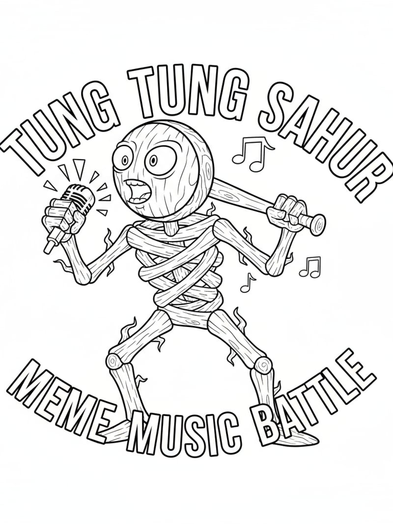 Tung Tung Tung Sahur holding microphone rapping meme music battle bold lines coloring page