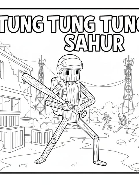 Tung Tung Tung Sahur stickman in Free Fire game battle scene gaming meme coloring page