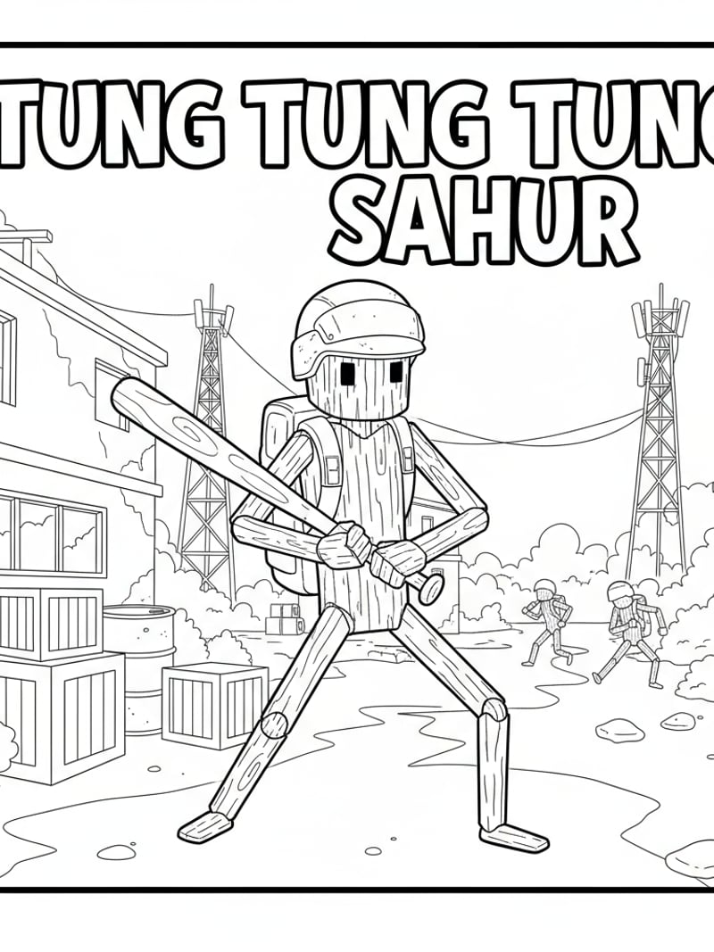 Tung Tung Tung Sahur stickman in Free Fire game battle scene gaming meme coloring page