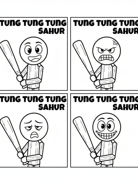 Tung Tung Tung Sahur stickman with different facial expressions happy angry sleepy meme faces coloring page