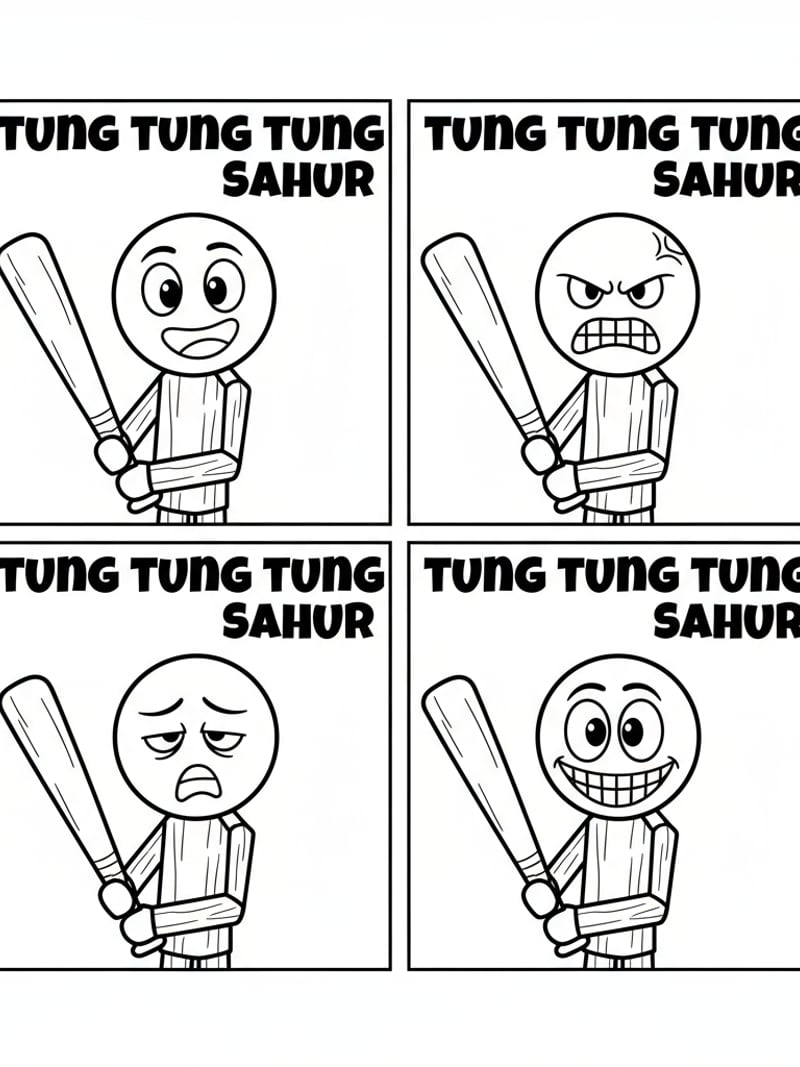 Tung Tung Tung Sahur stickman with different facial expressions happy angry sleepy meme faces coloring page