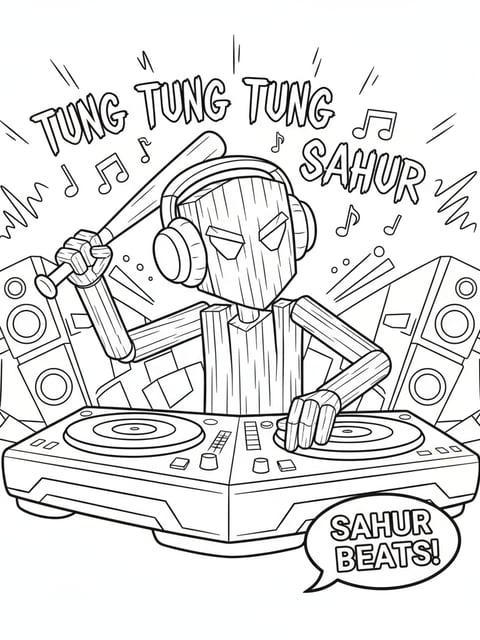 Tung Tung Tung Sahur as DJ with headphones spinning Sahur beats music meme coloring page