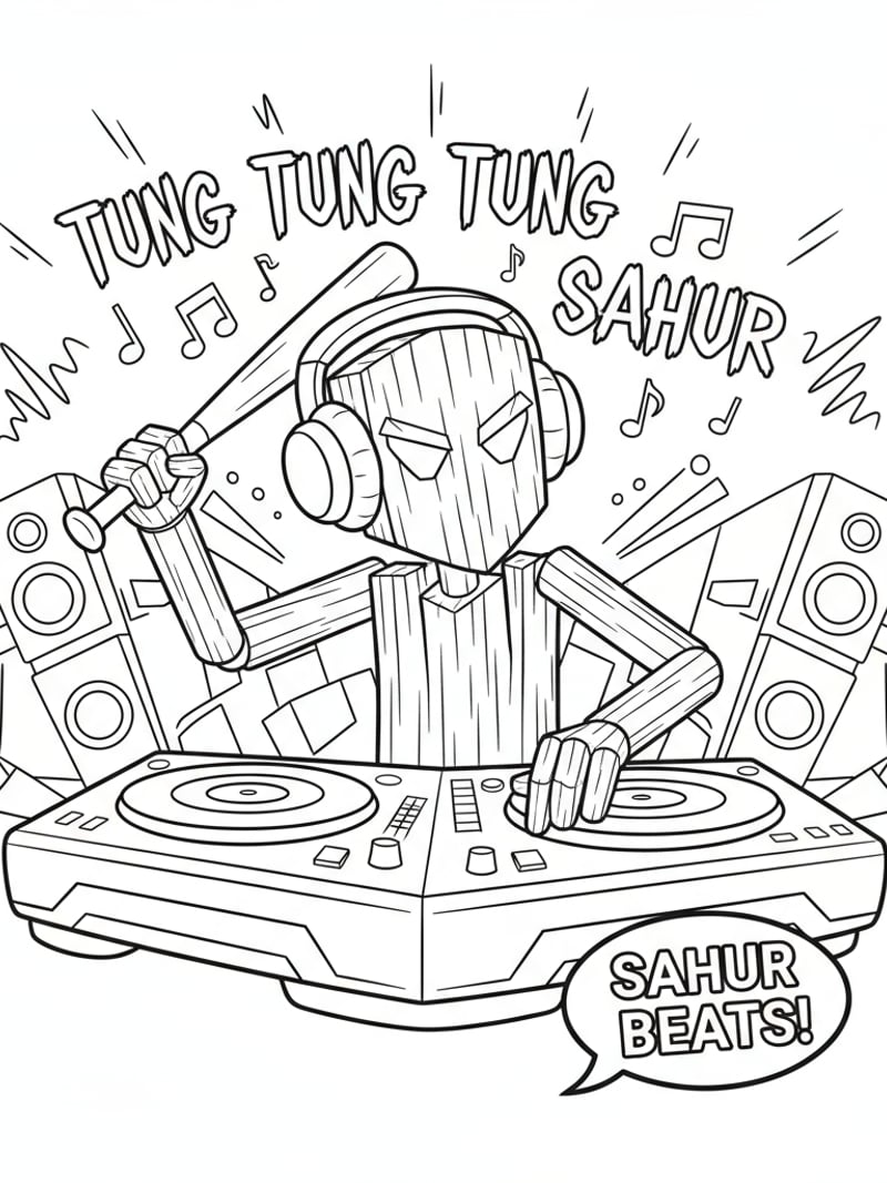 Tung Tung Tung Sahur as DJ with headphones spinning Sahur beats music meme coloring page