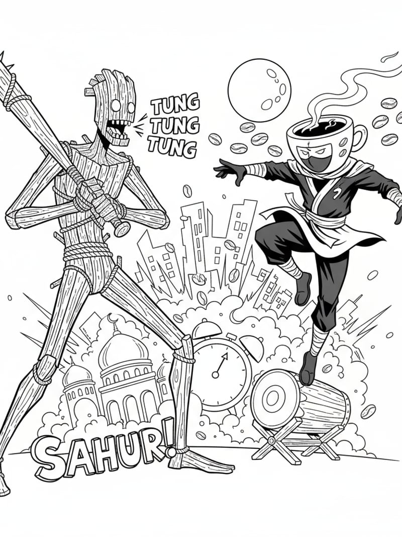Tung Tung Tung Sahur and rival Ninja Cappuccino in dramatic showdown comic style coloring page