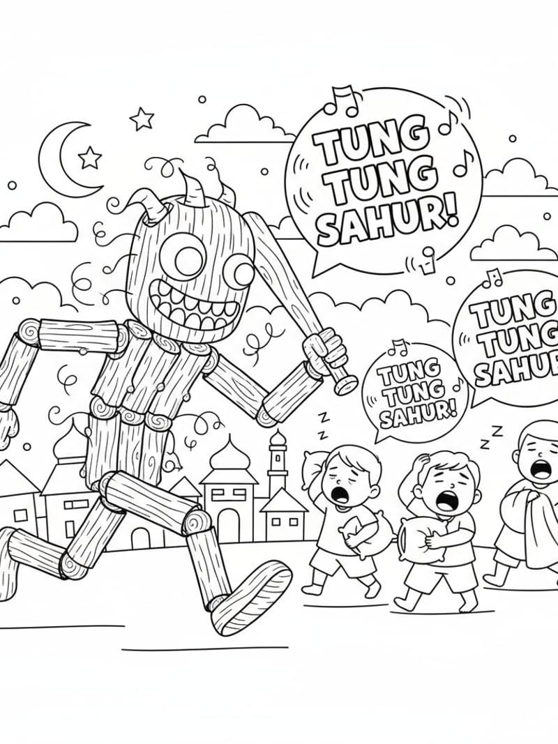 Tung Tung Tung Sahur monster chasing sleepy kids ignoring Sahur call cute scary coloring page