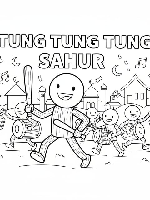 Tung Tung Tung Sahur stickman leading Sahur parade with drums and lanterns festive coloring page