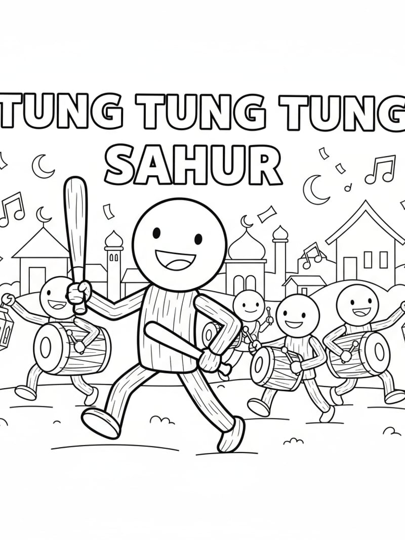 Tung Tung Tung Sahur stickman leading Sahur parade with drums and lanterns festive coloring page