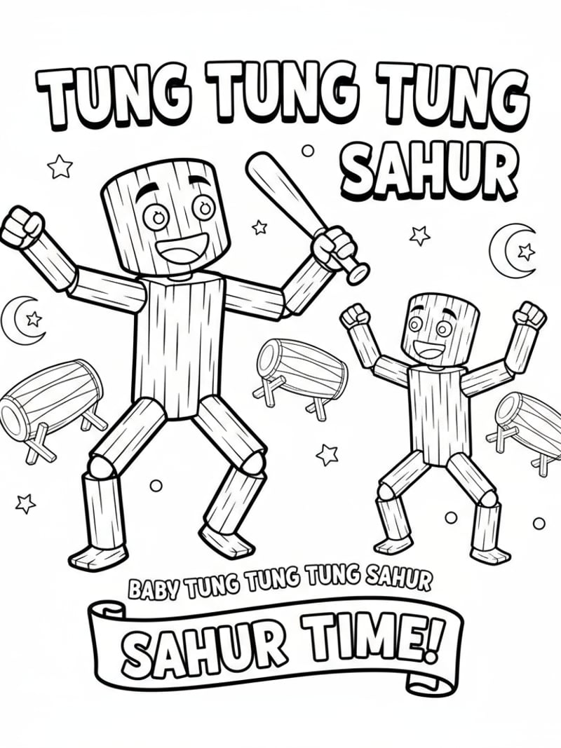Tung Tung Tung Sahur and Baby dancing together Indonesian meme kawaii style coloring page