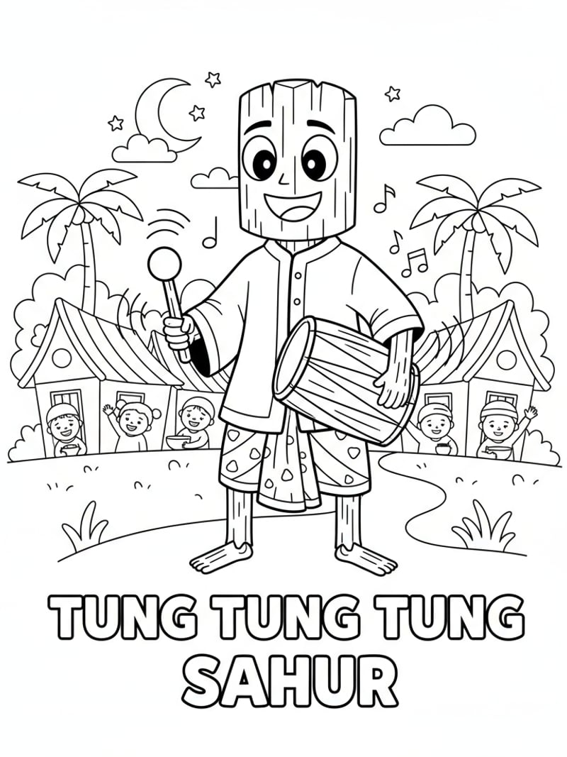 Tung Tung Tung Sahur holding drum waking up village Ramadan Sahur tradition coloring page
