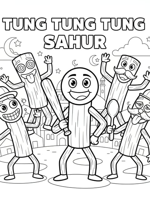 Tung Tung Tung Sahur with group of brainrot friends silly stickman faces playful coloring page