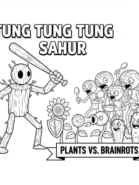 Tung Tung Tung Sahur in Plants vs Brainrots battle comic style bold outlines coloring page