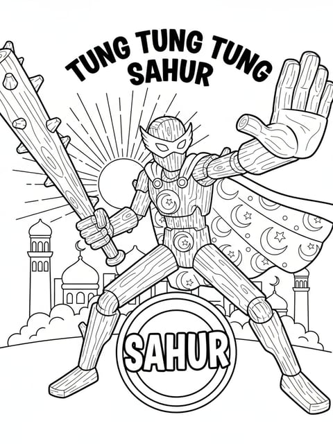 Tung Tung Tung Sahur meme superhero holding giant stick protecting Sahur dynamic pose coloring page