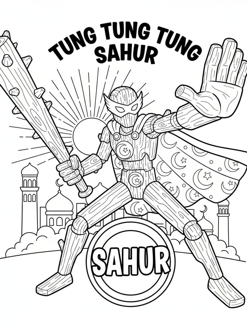 Tung Tung Tung Sahur meme superhero holding giant stick protecting Sahur dynamic pose coloring page