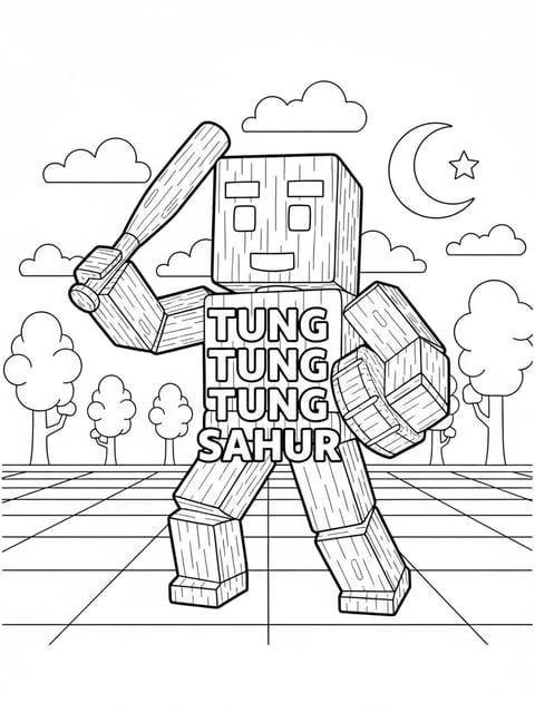 Tung Tung Tung Sahur in Roblox world with pixelated features gaming coloring page