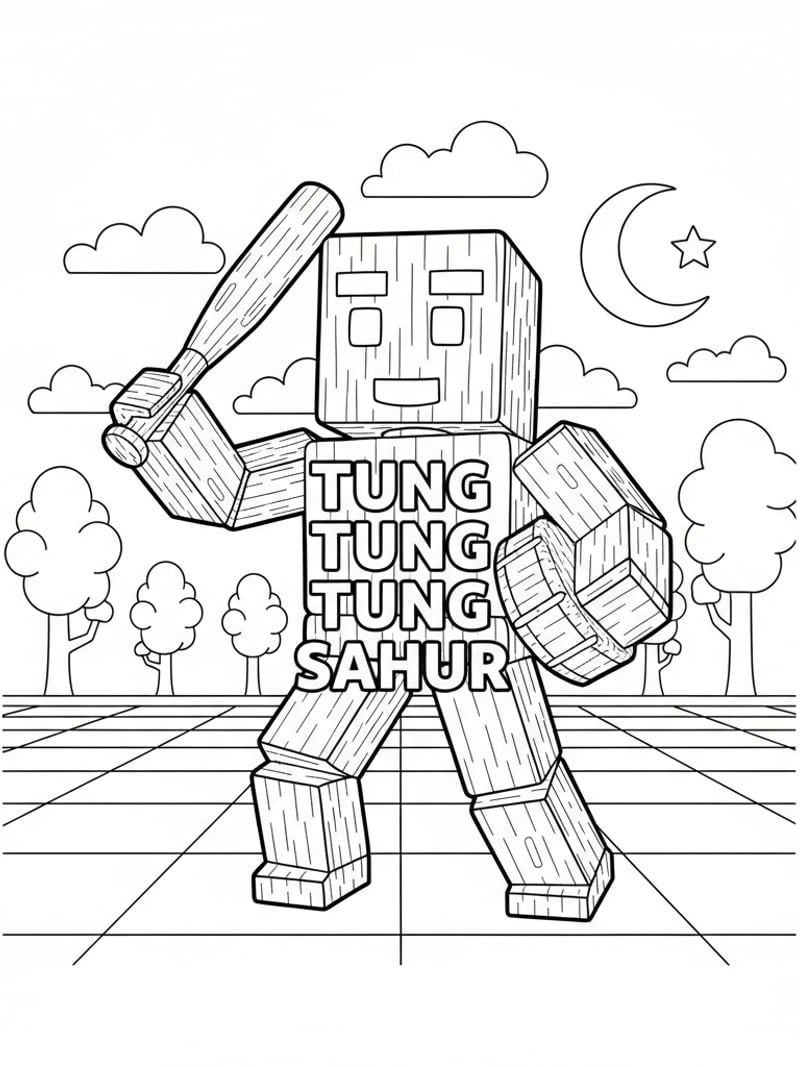Tung Tung Tung Sahur in Roblox world with pixelated features gaming coloring page