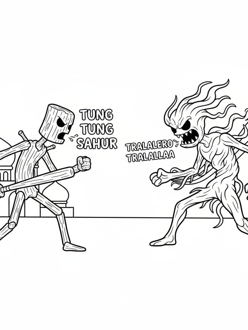 Tung Tung Tung Sahur and Tralalero Tralala facing off stickman monster form fun coloring page