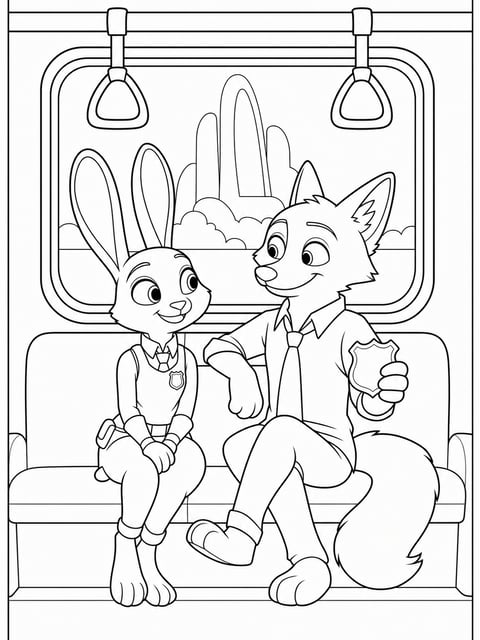 Judy Hopps and Nick Wilde sitting by Zootopia city train window coloring page